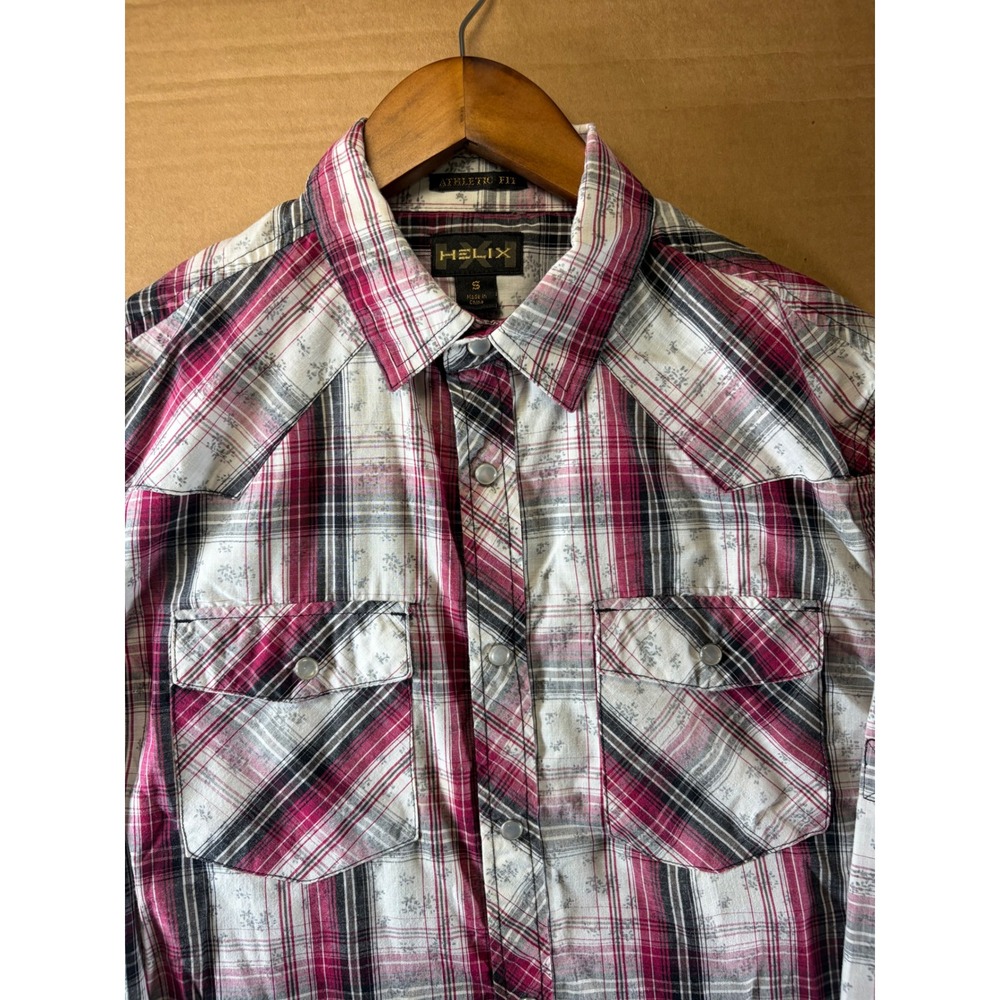Helix Western Shirt Mens Small Pink Plaid Floral Pearl Snap Athletic Fit S